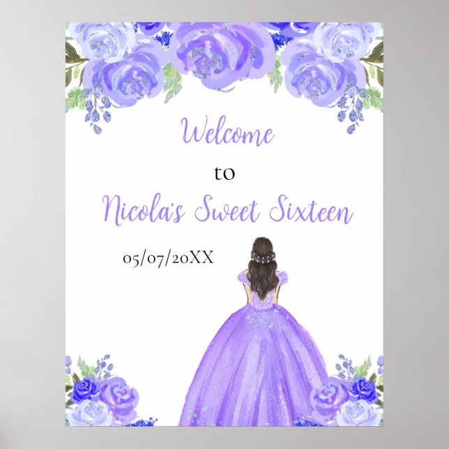 Poster Brown Hair Princess Purple Sweet Sixteen Welcome (Frente)