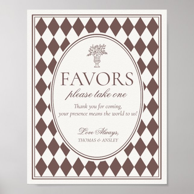 Poster Brown Harlequin Checkered Wedding Favors Sign (Frente)