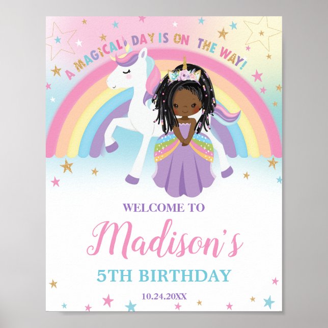 Poster Brown Princess Unicorn Birthday Rainbow Welcome (Frente)