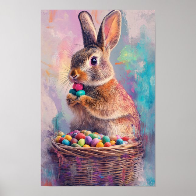 Poster Brown rabbit eating Easter candy eggs vertical (Frente)