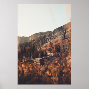 POSTER BROWN WOODEN BRIDGE ON BROWN ROCKY MOUNTAIN DURING
