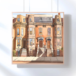 Poster Brownstones Esboçados Pintura de Rua de Boston