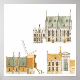 Póster Bruges Bélgica. Câmara municipal e tradicional