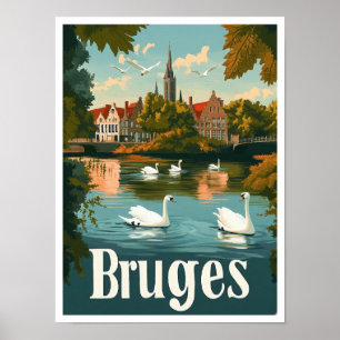Poster Bruges Belgium Art Viagens vintage Ilustração