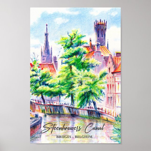 Poster Bruges Belgium Watercolor Viagem (Frente)