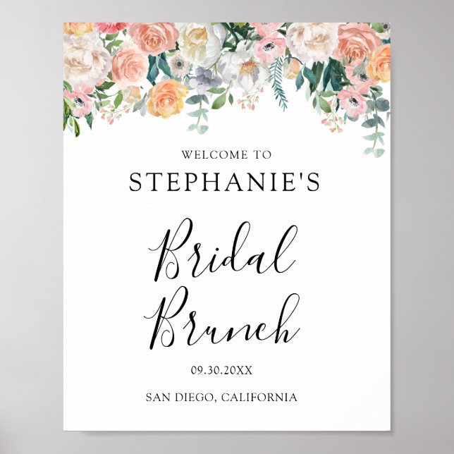 Poster Brunch Nupcial com Flores Rosa e Pêssego (Frente)