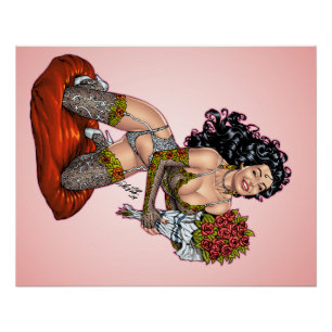 Póster Brunette na lingerie com ilustração dos rosas