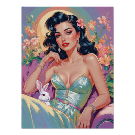 Póster Brunette Pin-Up com coelho da Páscoa