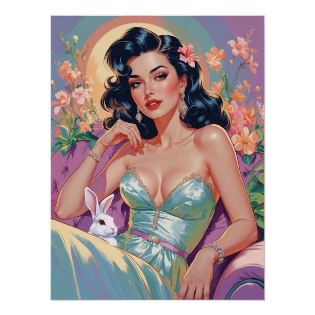 Póster Brunette Pin-Up com coelho da Páscoa (Frente)