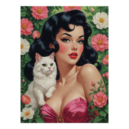 Póster Brunette Pin-Up com Poster de Gato Branco