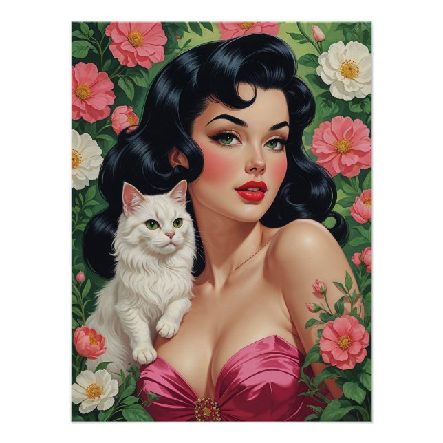 Póster Brunette Pin-Up com Poster de Gato Branco (Frente)