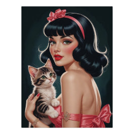 Póster Brunette Pin-Up com Poster de retrato de Kitten