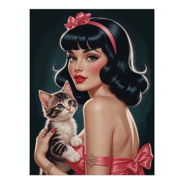 Póster Brunette Pin-Up com Poster de retrato de Kitten (Frente)