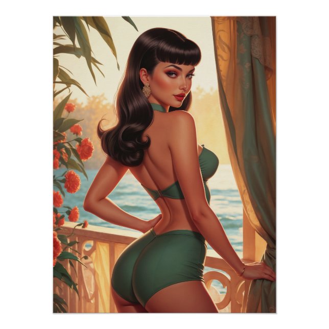 Póster Brunette Pin-Up Green Bikini Seaview Balcony (Frente)