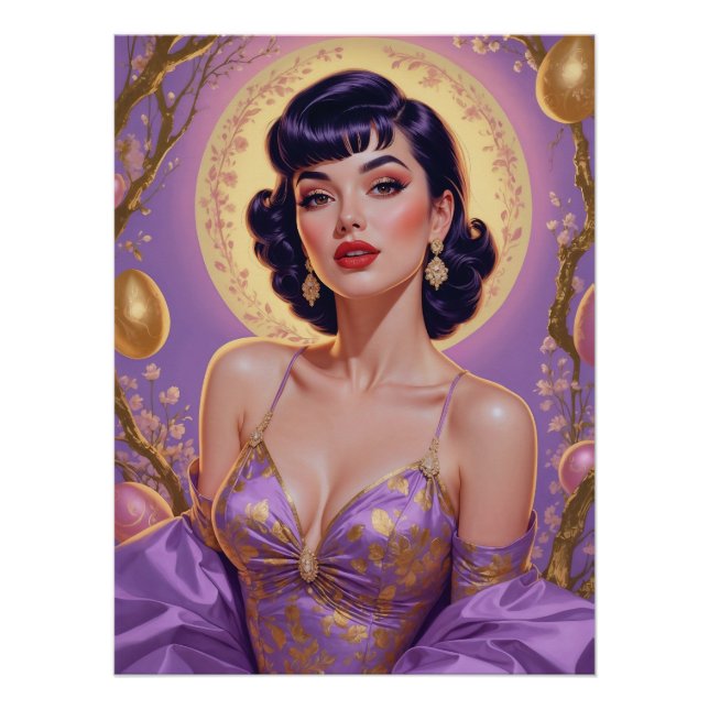 Póster Brunette Pin-Up Ovos de Páscoa Dourados e Roxos (Frente)