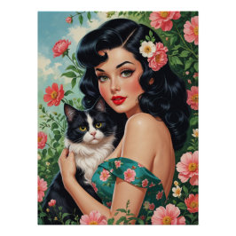Póster Brunette Pin-Up segurando Gato De Gato
