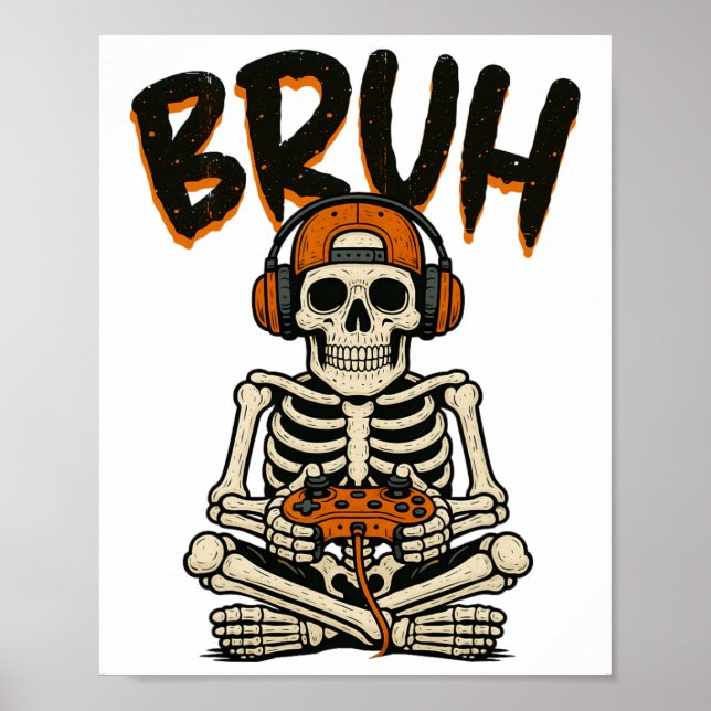Poster Brut Skeleton Gamer Dia de as Bruxas engraçado Jog (Frente)