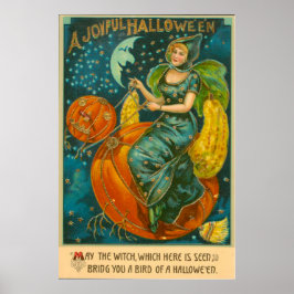 Póster Bruxa Abóbora de Jack O Lantern Pássaro Lua Cresce