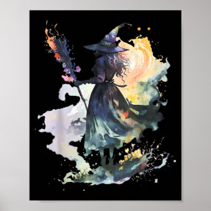 Poster Bruxa Aquarela Halloween Outono Arte Pintura