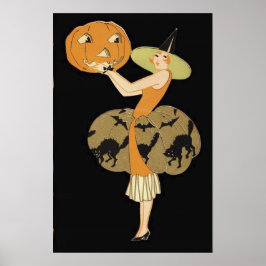 Poster Bruxa Art Déco Jack O Lantern Abóbora Gato Preto