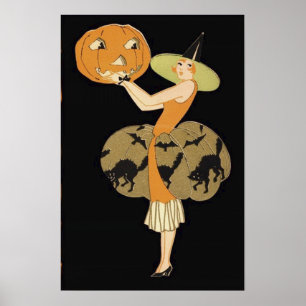Poster Bruxa Art Déco Jack O Lantern Abóbora Gato Preto