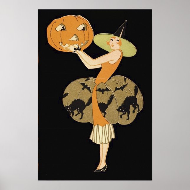 Poster Bruxa Art Déco Jack O Lantern Abóbora Gato Preto (Frente)