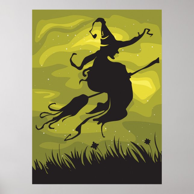 Poster Bruxa Assustadora de Halloween Voando em Vassoura (Frente)