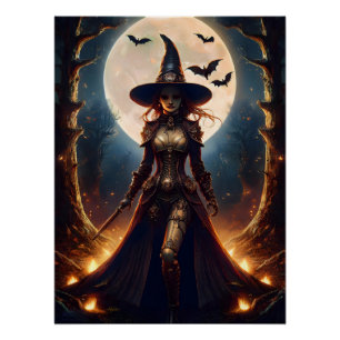 Póster Bruxa da Floresta Steampunk do Halloween