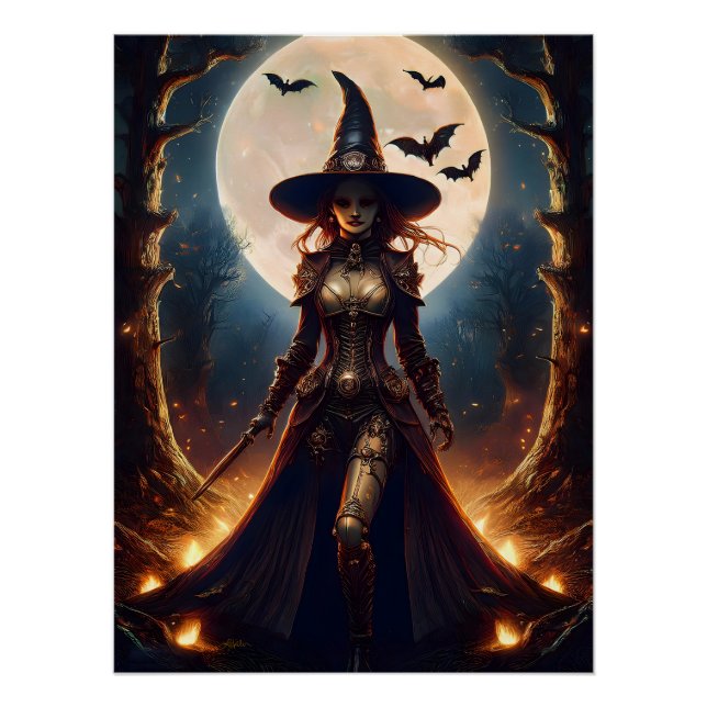 Póster Bruxa da Floresta Steampunk do Halloween (Frente)