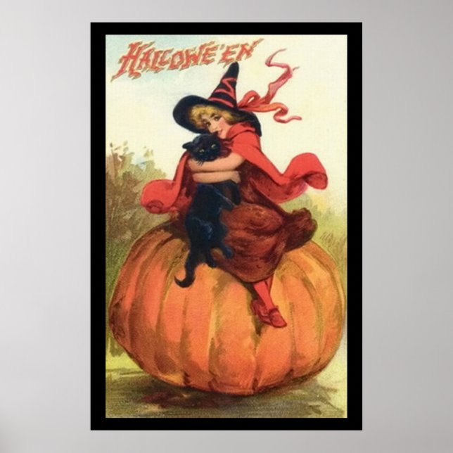 Póster Bruxa de Abóbora de Halloween em Vermelho sobre um (Frente)