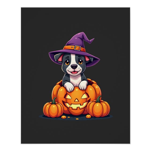 Póster Bruxa de Abóbora Pitbull Engraçado Cachorro Hallow (Frente)