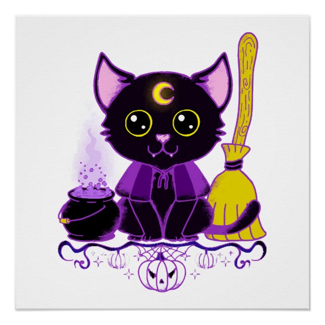 Póster Bruxa de Gato Preto de Halloween Fofo (Frente)