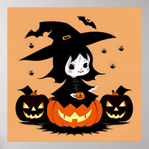 Poster Bruxa de Halloween com Abóboras