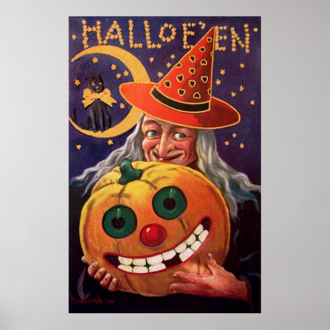 Póster Bruxa de Halloween com Pumpkin Engraçado (Frente)