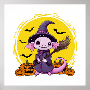 Poster Bruxa de Halloween Cute Axolotl