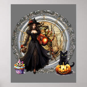 Poster Bruxa De Halloween E Gato
