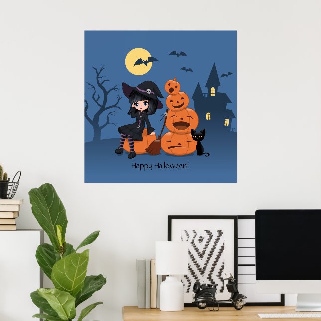 Poster Bruxa de Halloween, Gato Negro e Abóboras (Escritório em casa)