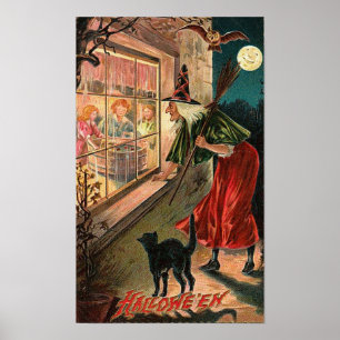 Póster Bruxa de Halloween, Gato Olhando na Janela
