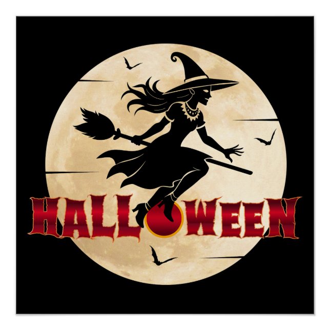 Póster Bruxa de Halloween na Vassoura (Frente)