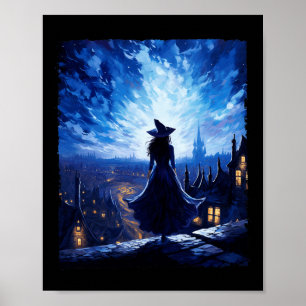 Poster Bruxa de Halloween Starry Night Van Gogh Aestética