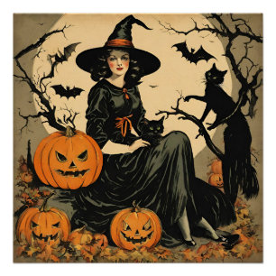 Póster Bruxa de Halloween Vintage, Abóbora, Gato Negro, M