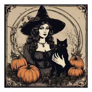 Póster Bruxa de Halloween Vintage com Gato Negro, Abóbora