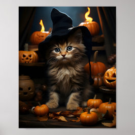 Poster Bruxa De Kitten Halloween Com Folhas E Abóboras