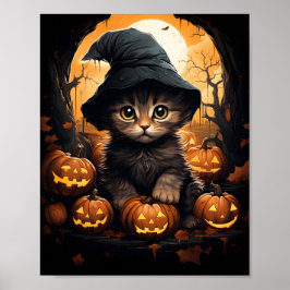 Poster Bruxa De Kitten Halloween Com Folhas E Abóboras