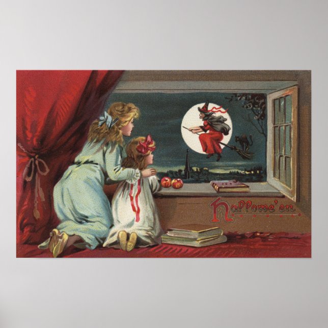 Póster Bruxa de Saudação do Halloween da Janela (Frente)