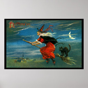 Póster Bruxa do Dia das Bruxas do vôo com gato
