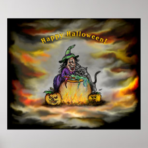 Poster Bruxa e Gato Negro, Feliz Halloween!