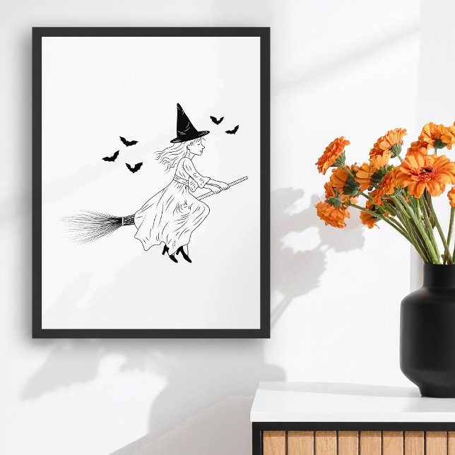 Poster Bruxa e Morcegos, Arte Simples De Linha, Halloween (Disclaimer: This image is a digital mockup.)