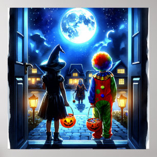 Poster Bruxa e Palhaço olhando para um Halloween de Monst