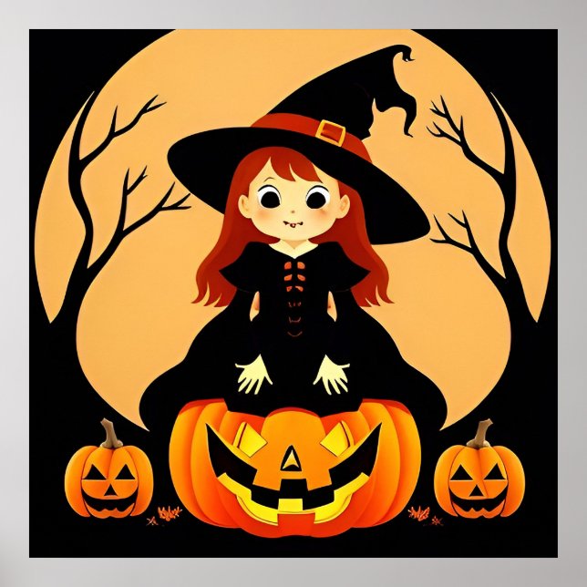Poster Bruxa em cenário de Halloween com abóboras (Frente)